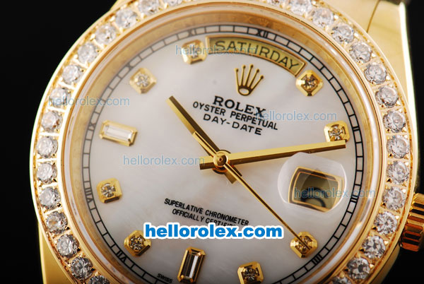 Rolex Day Date II Automatic Movement Full Gold with Diamond Bezel-White MOP Dial and Diamond Markers - Click Image to Close